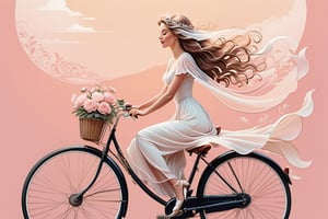 A whimsical illustration of a radiant young woman effortlessly gliding on a vintage-inspired lady's bicycle, set against a soft gradient background that blends hues of pastel pink and creamy white. Simple yet elegant shapes and lines define the subject's delicate features, while subtle shadows and highlights add depth to her flowing locks and wispy veil. The bicycle itself is rendered in bold, graphic lines, its intricate details and ornate accents shining with a warm, sunlit glow. A true masterpiece of vector illustration, this stunning design would undoubtedly trend on Artstation.,more detail XL