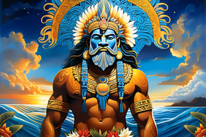 A majestic depiction of Tangaroa, the god of the sky and sea in ancient Polynesian mythology. Framed against a vibrant blue horizon, Tangaroa stands tall, his wise eyes gazing out upon the endless expanse of ocean and clouds. His robust figure is adorned with intricate tattoos, symbolizing his connection to the heavens and the mysteries of the deep. The warm golden light of sunset casts a gentle glow on his face, as if infusing him with the divine essence of the gods.
