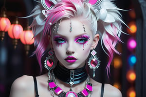 A captivating cyber goth beauty in full view with porcelain-like white skin and vibrant bubblegum pink accents sits beneath natural light, her eyes sparkling like diamonds in a shallow depth of field. Delicate features and intricate details are rendered in high-quality glory, surrounded by a kaleidoscope of vivid colors.