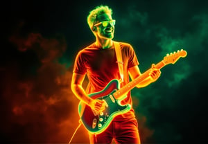 Create a stunning heat-mapped visuals of cheerful man with an electric guitar in full shot.  pulsates with radiant neon colors such as Green Yellow Orange and red hues.