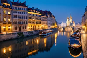 A serene European metropolis at dusk, with cobblestone streets reflecting the majestic Danube River's calm waters. Golden streetlights and twinkling lamps illuminate the historic buildings, casting a warm glow on the misty night air. The city's grandeur is framed by the river's edge, where the Seine-style bridges connect the Old Town to the modern skyline, as the stars begin to twinkle above.