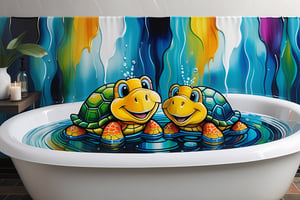A whimsical turtle couple bobs its head above the rippling surface of a bathtub filled to the brim with water. Its smiley face radiates joy as it gazes directly at the camera. The surrounding artwork is an intricate, hyper-realistic masterpiece, crafted with alcohol ink on glass-textured canvas. Vibrant colors splash across the composition, creating a mesmerizing, artsy painting that's sure to trend on ArtStation.