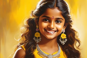 A young indian girl with a warm, inviting smile gazes directly at the viewer from against a bright yellow background. Her long, curly brown hair cascades down her back, adorned with a delicate hair ornament and a sprig of flowers tucked behind her ear. Her brown eyes sparkle with friendliness, and a pair of dainty earrings glint in the soft light, neckless and kumkum on center of forehead. Wearing a sleeveless top that showcases her toned upper body, she exudes confidence and approachability.