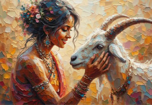 A majestic Indian girl tenderly pets a goat with a rich, earthy tone - brown, black, and white hues blending seamlessly together. The subject's traditional attire shines against the vibrant, sunny day backdrop, her warm smile radiating joy. Thick brushstrokes and visible palette knife marks add depth to the textured background, as if strokes of creativity danced across the canvas.