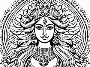 Create a photo realistic adult coloring book, Lord Durga beautiful face, happiness, portrait shot, thin lines, dynamic colors, no detail, no shading. High-quality, Ultra High Definition with high resolution.,Coloring Book