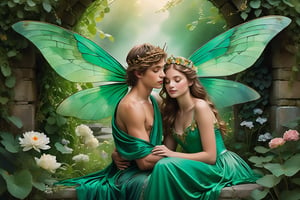A whimsical tableau unfolds in a lush, emerald meadow, where a teenage boy with delicate, dragonfly-like wings adorns his back, and a girl with a crown of vintage flowers rests her ethereal wings on a velvet-draped stone wall. Beautiful faces and perfect symmetric eyes, intricate detail, soft, golden light casts a warm glow amidst the misty atmosphere, as if captured in a forgotten watercolor painting. A stunning masterpiece, reminiscent of 19th-century fairy tale illustrations.