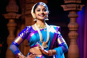 A majestic Bharatanatyam dancer, adorned in a stunning blue saree and elegant purple jacket, stands poised on a wooden stage bathed in warm spotlight. Her beautiful face beams with delight as she wears a traditional Bharatham dress costume in soft fabric, amidst an ethereal atmosphere radiating vibrant colors. The masterpiece is framed by the simplicity of the wooden stage, allowing the dancer's elegance to take center stage.