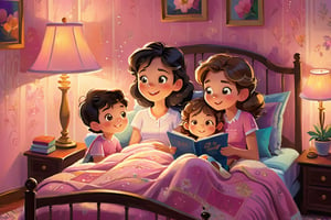 Cozy bedroom setting: Soft pink walls, plush carpet, and a warm glow emanating from a floor lamp. Mother, radiant with joy, sits between her 15-year-old daughter and 10-year-old son on a comfortable bed, storytelling with vivid expression. The children's beautiful faces light up with delight as they listen intently, their perfect symmetric eyes sparkling with wonder. A treasured moment of family bonding, captured in an Irene Sheri-inspired masterpiece, rendered in exquisite detail.,j_cartoon,more detail XL