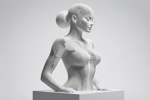 Render a mesmerizing 3D artwork featuring a stunning female form constructed from interconnected cubes, showcasing meticulous attention to detail in assembling each block to replicate the curves and contours of human anatomy. The subject stands against a serene, gray-white background, allowing the cube-encrusted figure to take center stage. Cubes of varying sizes and orientations create a sense of depth and dimensionality, as if the very fabric of reality has been reimagined in three-dimensional harmony.