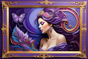 (Masterpiece, top quality, best quality, official art, beautiful and aesthetic:1.2),(1girl:1.4), extreme detailed,(colorful:1.3),highest detailed, A stunning woman, enveloped in a regal purple and pink hues, sits majestically within a dynamic filigree frame, as if transported from a whimsical world. The acrylic canvas comes alive with vibrant, expressive brushstrokes, radiating the essence of artistic mastery. In 8k resolution, every detail is painstakingly rendered, transporting the viewer into this breathtaking, surreal realm.