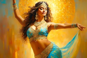 A stunning oil painting of a indian woman in a mesmerizing belly dance pose in full-body view, her arms raised above her head as she twists her torso to one side. Her gleaming two-piece costume, set with gold sequins and beads, seems to shimmer beneath the soft, pastel-hued light. Beautiful face, perfect hands with detailed fingers. Brushstrokes dance across the canvas, imbuing the image with an impressionistic energy. High-definition details abound in this 8K masterpiece, inviting the viewer to revel in the dancer's dynamic pose.