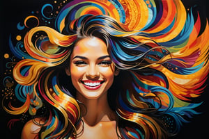 A vibrant and colorful beautiful woman with flowing locks and radiant smile stands boldly against a stark black background, her luminescent features illuminated by warm golden light. The tapestry of shapes and patterns surrounding her - diverse in texture and form - swirl together in harmony, creating a visually complex and intriguing composition.