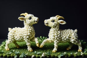 A whimsical scene unfolds: two sheep, crafted from crispy small popcorn, black and white, engage in a playful tug-of-war amidst a verdant backdrop of green curry leaves. The warm glow of double lighting casts intricate shadows on the leaves, hyper realistic, hyper detailed, while delicate details and textures are showcased in each popcorn scale as they lock horns, their fluffy ears flapping in the breeze.,more detail XL
