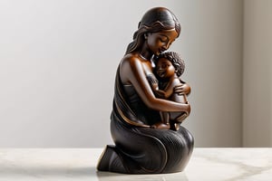 A tender moment captured in an elegant, low-angle shot. A beautifully hand-carved ebony 'Mother's Love' statue stands out against a sleek, white background, lit by soft, warm highlights that emphasize the intricate details of the stone and resin blend. The modern, glamorous design appears to radiate a sense of nurturing care, as if the mother's loving gaze could melt the hearts of all who behold it.