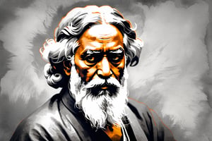 A powerful side view charcoal portrait of Rabindranath Tagore, India's national poet, sits boldly against a soft grey, richly textured background. His eyes looking the camera gleam with a fiery intensity, as if the passion and conviction that drove his fight for freedom still burns within him. His facial features are rendered in precise, expressive lines, capturing the depth of his character.
