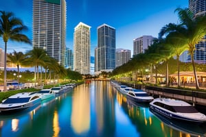 Miami River Walk's vibrant cityscape unfolds, where the river's gentle lapping creates a serene atmosphere. Reflected in its calm waters, sleek modern skyscrapers rise majestically towards the cerulean sky, their glass and steel facades glistening like diamonds. The scene is framed by lush greenery, with sailboats and kayaks dotting the water's edge.