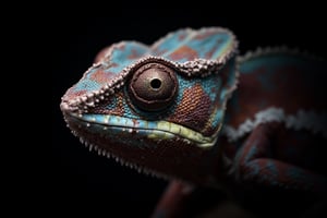 A close-up shot on a stunning chameleon's face, showcasing intricate details and piercing eyes against a dark background, bathed in high-key lighting with subtle backlighting. The Sony A7 IV camera, equipped with the FE 24-70mm f/2.8 GM lens, captures every nuance at 1/320s, f/4.6, ISO 10. The image is a hyper-realistic masterpiece, boasting perfect contrast, composition, and sharp focus, with a depth of field that transports viewers into its vibrant world.