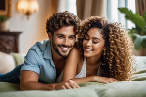 Cozy apartment setting with soft golden light streaming through the window, casting a warm glow on the loving couple posing intimately on plush carpeted floor in a close-up shot. The woman's long curly hair cascades down her back as she leans in to whisper sweet nothings to her partner, who gazes adoringly at her with a tender smile. Beautiful faces with perfect symmetric eyes, framed by ornate wooden furniture and lush greenery, the couple's chemistry radiates through the 8K resolution iPhone photo, as if captured in mid-air, perfect contrast, high sharpness, award-winning photography taken on iPhone 15 Pro.