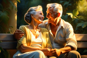 Elderly couple embracing tenderly, surrounded by warm golden light, within a lush greenery setting at dusk. The woman's gentle smile and his loving gaze captivate, as they sit together on a worn wooden bench. Hyper-realistic oil painting by Juan Brufal, with intricate details and perfect contrast. Masterpiece featuring impeccable composition, depth, and high-quality rendering, perfect for 8K resolution on Artstation and Unreal Engine 5.,oil paint