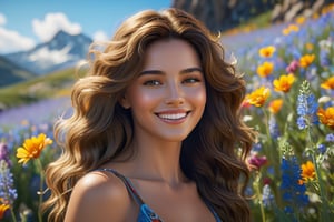 A serene, sun-kissed scene: a statuesque woman with luscious, flowing locks stands amidst a vibrant tapestry of wildflowers, her radiant smile illuminating the perfect symmetry of her eyes. Framed against a brilliant blue sky, she exudes hyper-realistic beauty, with every petal and strand of hair meticulously rendered in 8K resolution. The composition is breathtaking, with depth and dimensionality that draws the viewer in, as if Unreal Engine 5 has brought this masterpiece to life on ArtStation.