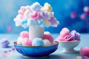 A whimsical miniature masterpiece, 'Cotton Candy Delight', suspended in a vibrant blue haze. A fluffy cotton candy cloud, bursting with juicy colors such as fluffy pink yellow violet and magenta, takes center stage on a soft, white pedestal. Delicate sugar strands swirl around the treat like tiny ballerinas. The entire scene is set against a stunning blue backdrop, radiating warmth and inviting the viewer to indulge in its sugary splendor.