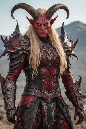 photorealistic photo of a demon, blonde long wild hair, heroic ose, Dugeos & Dragos comositio, red skin, horns, horror, tiefling anatomy, full body.
8k,More Detail,monster,flmngprsn,nhdsrmr,chhdsrmr, metal armor, bf