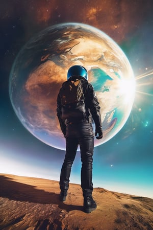 a man with black leather jacket stading in a little planet in the space, golden helmet, photo taking by a GOPRO camera from a low angle perspective, looking upwards, depth of field, fantasy, vibrant colors, perspective, dinamic pose, photorealistic, masterpiece:1.5, best quality, (realistic:1.5), cosmic background, looking at the viewer, 