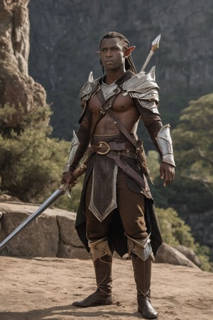 photorealistic photo of a dark skin elf, mid-legth hair, heroic pose, Dungeos & Dragons comosition, full body.
8k,More Detail. DVD 196-'s movie scene coomposition, RPG, fantasy,