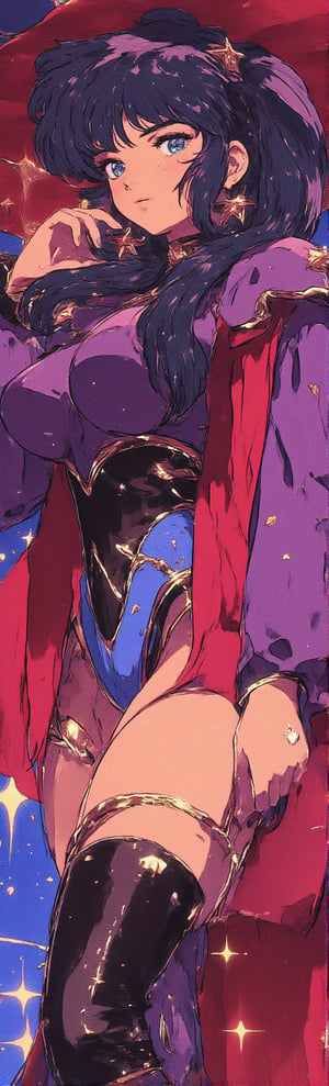 Create a retro anime-style image of Mona from Genshin Impact. She has a slender, curvy figure with long, deep indigo hair that flows elegantly, framed by bangs. Her stylish outfit combines vibrant shades of purple and black, featuring a high collar, cinched waist, and flowing sleeves adorned with golden accents and intricate patterns. Mona’s bright, striking eyes reflect curiosity and intelligence, complemented by a playful expression. Include her star-shaped hair accessory and magical astrolabe to highlight her role as an astrologer. Use vivid anime-themed colors, with rich purples, deep blues, and golds, to capture her enchanting essence and connection to the cosmos.