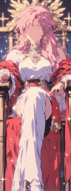 Create a retro anime-style image of Yae Miko from Genshin Impact, sitting on an ornate throne. She has a tall, elegant, and curvy figure, with long, flowing pink hair that cascades gracefully, framed by soft bangs. Her outfit is a blend of traditional shrine maiden and modern fashion, featuring vibrant crimson and white with gold accents. Her attire is adorned with intricate electro sigils that represent her connection to the Electro element. Yae’s sharp, intelligent eyes sparkle with mischief, capturing her cunning and playful personality. Include her signature fox-shaped accessories and subtle electro-themed elements glowing around her to emphasize her divine, mystical aura. Use vivid anime-themed colors, with rich pinks, purples, whites, and golds, to enhance her ethereal beauty and spiritual connection.