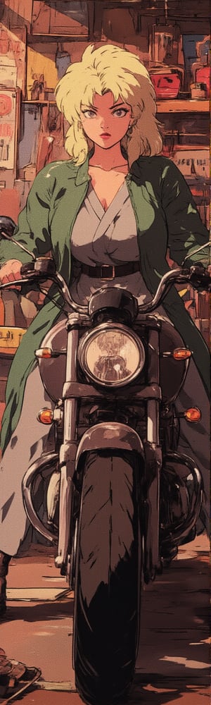 A retro-inspired scene featuring Tsunade, the confident and powerful kunoichi with her iconic yellow hair, expressive and captivating eyes, and an intense gaze, posing on a striking Boss Hoss motorcycle for a photoshoot. Tsunade is wearing her classic Hidden Leaf ninja dress, with her green jacket over her gray kimono-style top and loose pants that highlight her hourglass figure. The background is a garage filled with vintage tools, old signs, and rustic elements, creating a rugged yet glamorous atmosphere with soft lighting that complements the motorcycle's bold, powerful presence