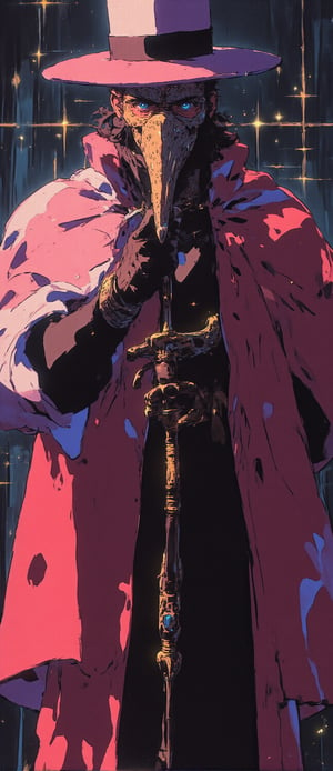 A solitary male plague doctor stands confidently in the foreground, depicted in a retro anime style. He wears a traditional long coat that flows dramatically, with a classic beaked mask that features intricate patterns reminiscent of vintage anime aesthetics. A wide-brimmed hat sits atop his head, casting a shadow over his mysterious eyes. His gloved hands delicately hold an ornate vintage medical tool, emphasizing his role. The background is filled with moody, dark colors, with soft, pastel highlights, creating a nostalgic atmosphere that captures the essence of retro anime. The overall composition is vibrant yet eerie, with bold lines and a slightly grainy texture to enhance the vintage feel.