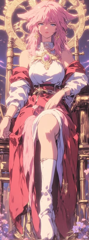 Create a retro anime-style image of Yae Miko from Genshin Impact, sitting on an ornate throne. She has a tall, elegant, and curvy figure, with long, flowing pink hair that cascades gracefully, framed by soft bangs. Her outfit is a blend of traditional shrine maiden and modern fashion, featuring vibrant crimson and white with gold accents. Her attire is adorned with intricate electro sigils that represent her connection to the Electro element. Yae’s sharp, intelligent eyes sparkle with mischief, capturing her cunning and playful personality. Include her signature fox-shaped accessories and subtle electro-themed elements glowing around her to emphasize her divine, mystical aura. Use vivid anime-themed colors, with rich pinks, purples, whites, and golds, to enhance her ethereal beauty and spiritual connection.closeup photo