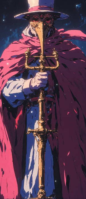 A solitary male plague doctor stands confidently in the foreground, depicted in a retro anime style. He wears a blue and white striped shirt under a traditional long coat that flows dramatically. Around his neck, a pink scarf is tied stylishly, adding a pop of color to his ensemble. His classic beaked mask features intricate patterns reminiscent of vintage anime aesthetics, and a wide-brimmed hat sits atop his head, casting a shadow over his mysterious eyes. His gloved hands delicately hold an ornate vintage medical tool, emphasizing his role. The background is filled with moody, dark colors, accented by soft, pastel highlights, creating a nostalgic atmosphere that captures the essence of retro anime. The overall composition is vibrant yet eerie, with bold lines and a slightly grainy texture to enhance the vintage feel.