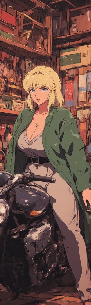 A retro-inspired scene featuring Tsunade, the confident and powerful kunoichi with her iconic yellow hair, expressive and captivating eyes, and an intense gaze, posing on a striking futuristic superbike for a photoshoot. Tsunade is wearing her classic Hidden Leaf ninja dress, with her green jacket over her gray kimono-style top and loose pants that highlight her hourglass figure. The background is a garage filled with vintage tools, old signs, and rustic elements, creating a unique blend of retro and futuristic vibes, with soft lighting that complements the superbike's sleek, advanced design