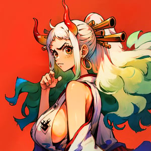 (masterpiece), yamato one piece, seducing viewer, large breasts, sleeveless white kimono, curled horns, lewd pose, seductive_pose, sideboobs, side_view,yamato\(one piece\),multicolored hair,YamatoV2,white hair,yamato,One piece style,green hair, oni horn, oni horn ,colored horn,(best quality,Yamato red background