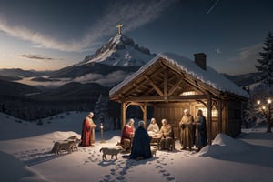 a holy night with a stable with Mary and Joseph and the Christ child in a manger, some shepherds and three wise men from the East framed by some angels scenery
Masterpiece,ayaka_genshin,More Detail,fantasy00d,FFIXBG,EpicArt,Nature,Landscape,Masterpiece