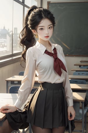 1girl, solo, sexy pose,
middle breast, (school uniform:1.2), (serafuku:1.2),black skirt,
(gold hair:1.2), low ponytail, bangs
(in classroom:1.2)