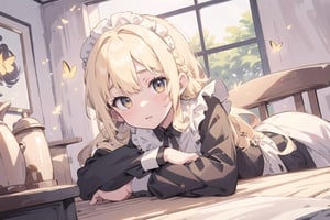 1 girl, solo, 20yo, blonde hair, braid, maid, 
blurry background, look at viewer, blush, petite body, light makeup, middle breast, coffee room,
sexy pose, cowboy shot, masterpiece, detail, more detail, portrait, ASU1, firefliesfireflies, Detailedface,
Lying on the table,Detailedface
