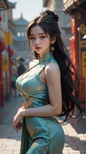 a 20 yo woman, look at viewer, from front, soothing tones, muted colors, high contrast, natural skin texture, hyperrealism, soft light, sharp,
brown eyes, silky hair, long hair, bangs,  crown hair, little cute girl, perfect mouth, perfect face, perfect eyes, perfect nose, beautiful body, beautiful eyes,formal body size,big breast,cleavage,Realism,
soldier,  woman soldier,  taoist,  green theme, Chinese style,Chinese style,Realism, (cowboy_shot:1.5), ,more detail ,(chinese dress:1.5), braid,