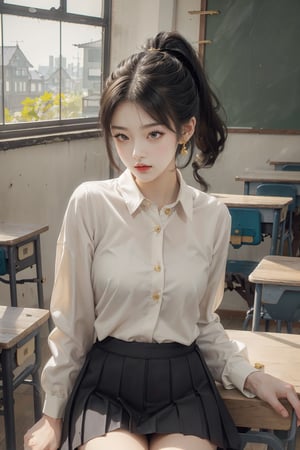 1girl, solo, sexy pose,
middle breast, (school uniform:1.2), (serafuku:1.2),black skirt,
(gold hair:1.2), ponytail, bangs
(in classroom:1.2)