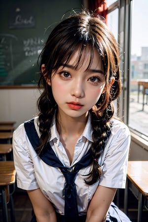 
a 20 yo woman, blonde hair, look at viewer, from front, soothing tones, muted colors, high contrast, (natural skin texture, hyperrealism, soft light, sharp),
brown eyes, silky hair, (school uniform: 1.5),
{ low twin braids }, long hair, 
bangs,  brown eyes, little cute girl, 
a girl  with sex slave in classroom,perfect mouth, perfect face, perfect eyes, perfect nose, eyes in distress, beautiful body, beautiful eyes,formal body size,middle breast,cleavage