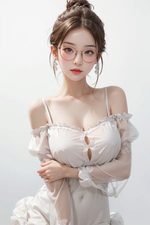 1 girl, solo, 20 yo, big breast, fair skin, blush,
(blond hair:1.5, high single hair bun:1.2),
more detail, realism, sexy pose,
white background, cowboy shot, portrait,
secretary, (frilly tulle white strap dress), 
light makeup,
(white long puff sleeve off shoulder)
thin body, looking_at_viewer, upper body,
thick frame glasses, round glasses,eungirl,Chinese style