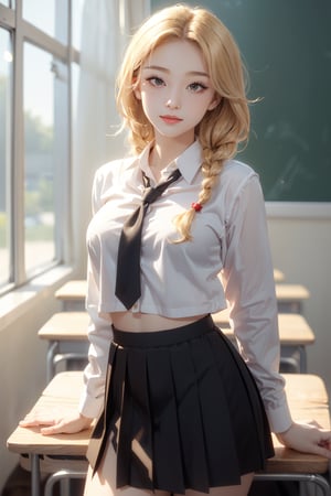 1girl, solo, sexy pose,
middle breast, (school uniform:1.2), (serafuku:1.2),black skirt,
gold hair, braid
(looming bar)
(in classroom:1.2),school uniform,1 girl