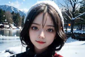 1girl, solo, detail, 18yo, 
lake, snow, light makeup, warm light,
with a beautiful face, more detail , Realism,
blurry_background , look at viewer,