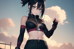  1girl, very_petite:1.2, hair_past_waist:1.3, black_hair, fishnets, emerald_eyes, in style of naruto, young, spiral_eyes:1.6, tiny_breasts, kunoichi
