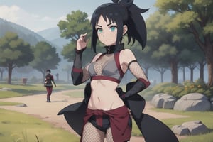  1girl, very_petite:1.2, hair_past_waist:1.3, black_hair, fishnets, emerald_eyes, in style of naruto, young, spiral_eyes:1.6, tiny_breasts, kunoichi
