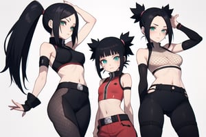  very_petite:1.2, hair_past_waist:1.3, black_hair, fishnets, emerald_eyes, in style of naruto, young, spiral_eyes:1.6, tiny_breasts, kunoichi