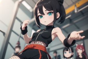  1girl, very_petite:1.2, hair_past_waist:1.3, black_hair, fishnets, emerald_eyes, in style of naruto, young, spiral_eyes:1.6, tiny_breasts, kunoichi