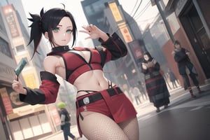  1girl, very_petite:1.2, hair_past_waist:1.3, black_hair, fishnets, emerald_eyes, in style of naruto, young, spiral_eyes:1.6, tiny_breasts, kunoichi
